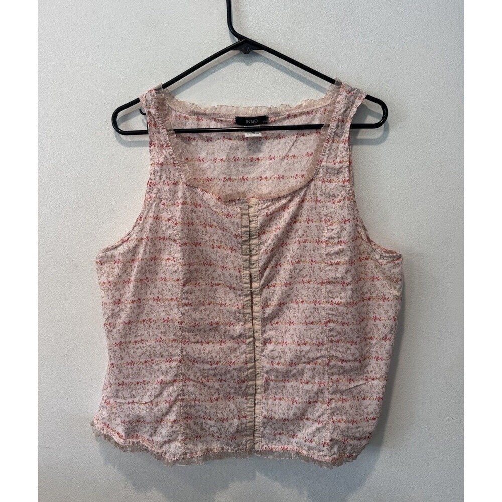 Boho Cottage core Pink Micro Floral Sleeveless Top Lace Trim USA Made Size 2X